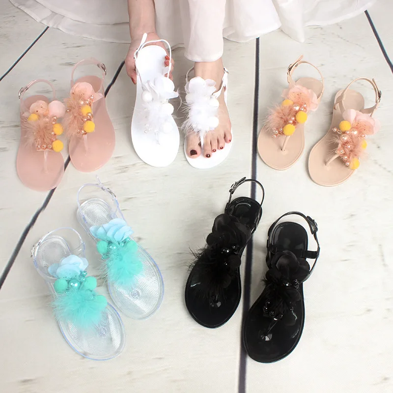 

Size 36-42 Women Girls Jelly T- Tied Sandals INS Hot Sales Flowers Transparent PVC Summer Berach Flip-flop Shoes S1064