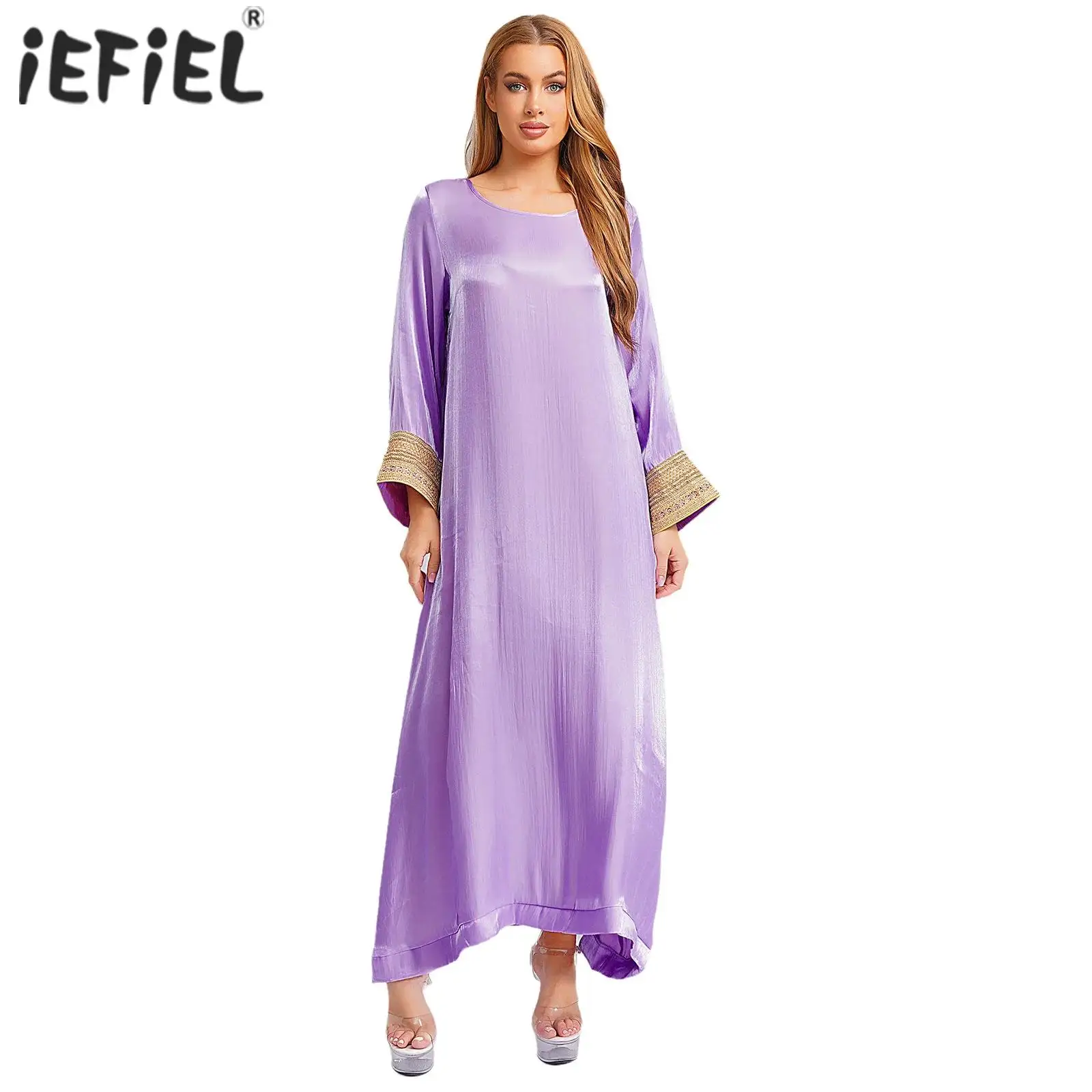 

Womens Muslim Arabic Abaya Kaftan Long Dresses Shiny Pullover Robe Long Sleeve Loose Dubai Saudi Arabia Middle East Maxi Dress