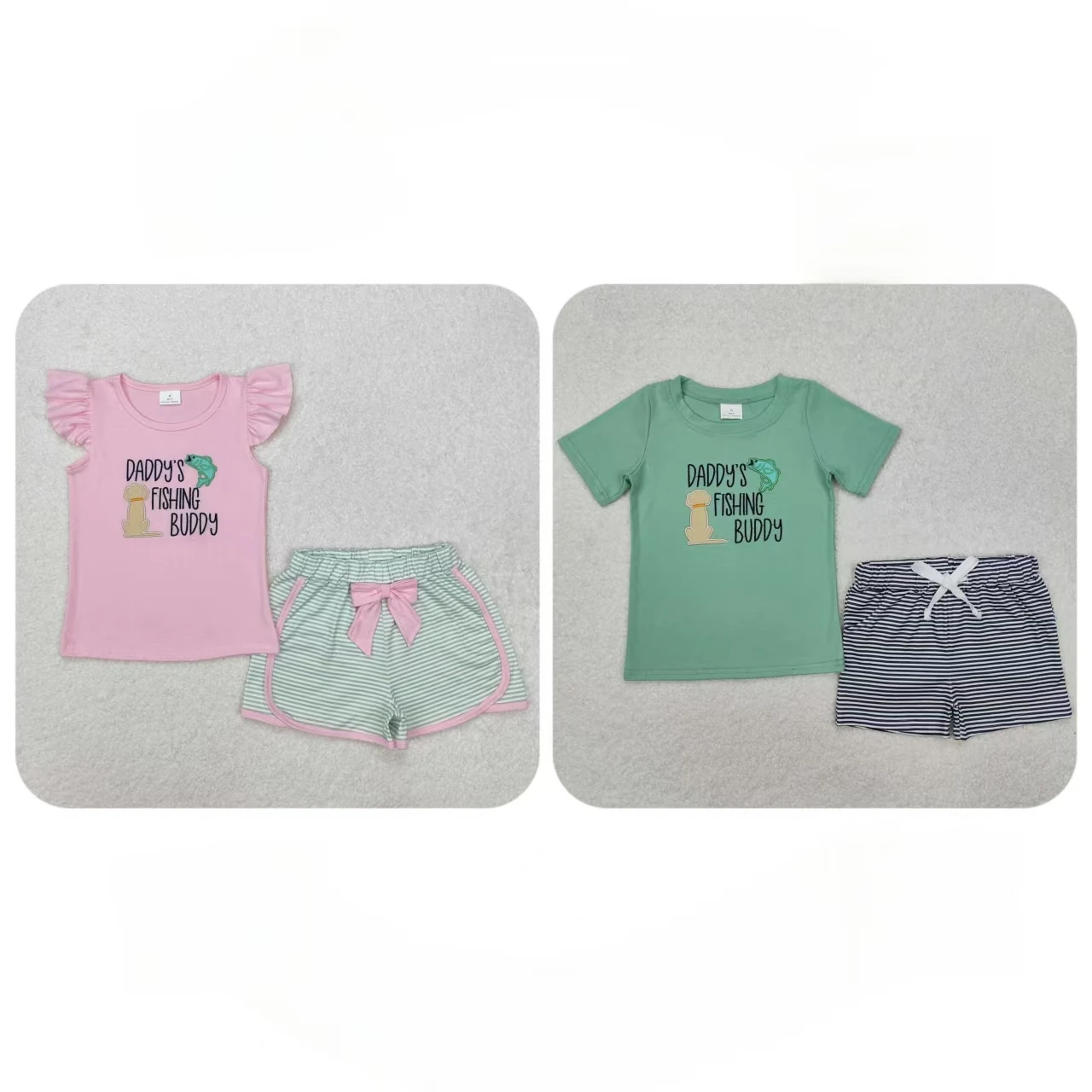 wholesale-baby-boy-girl-short-sleeves-fishing-shirt-embroidery-daddy's-set-toddler-infant-stripes-shorts-kids-children-outfit