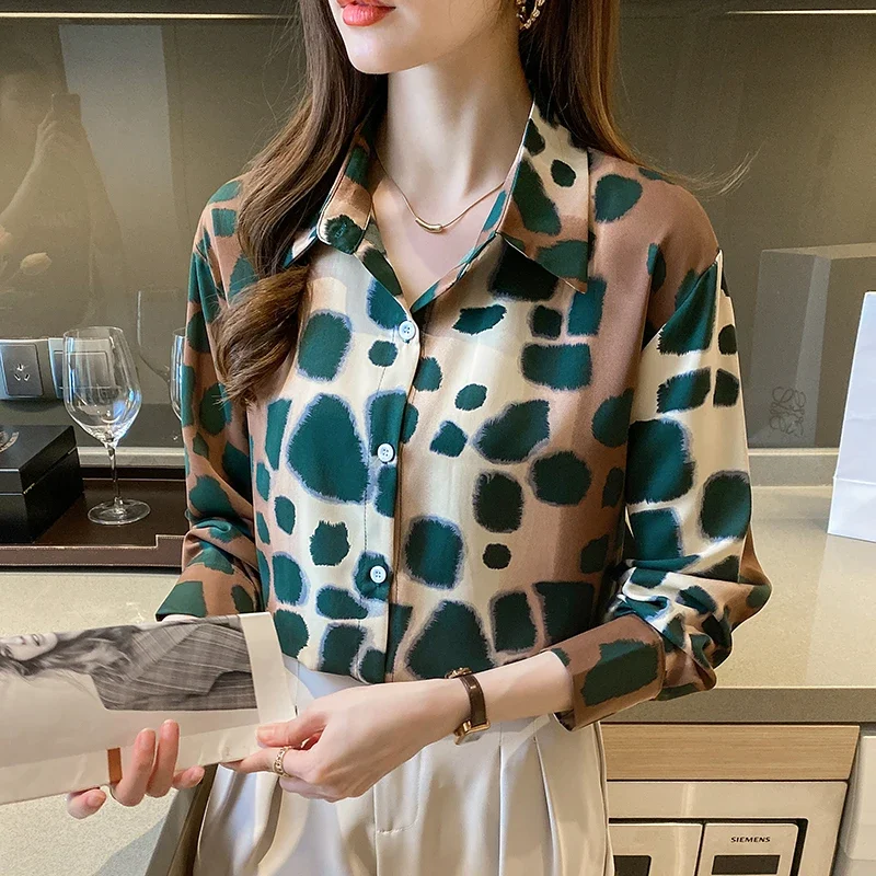 

Autumn Winter Fashion Leopard Print Shirt for Women Long Sleeve Blouse Office Lady Polo Collar Tops Loose Clothes Blusas 28125