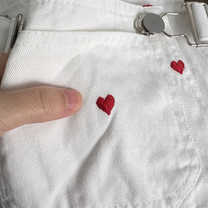 Korea Kids Jumpsuit for Girls Cute Embroidery Red Heart Pattern Overalls Toddler Girl Kawaii Suspender Trousers Pants 80-130cm