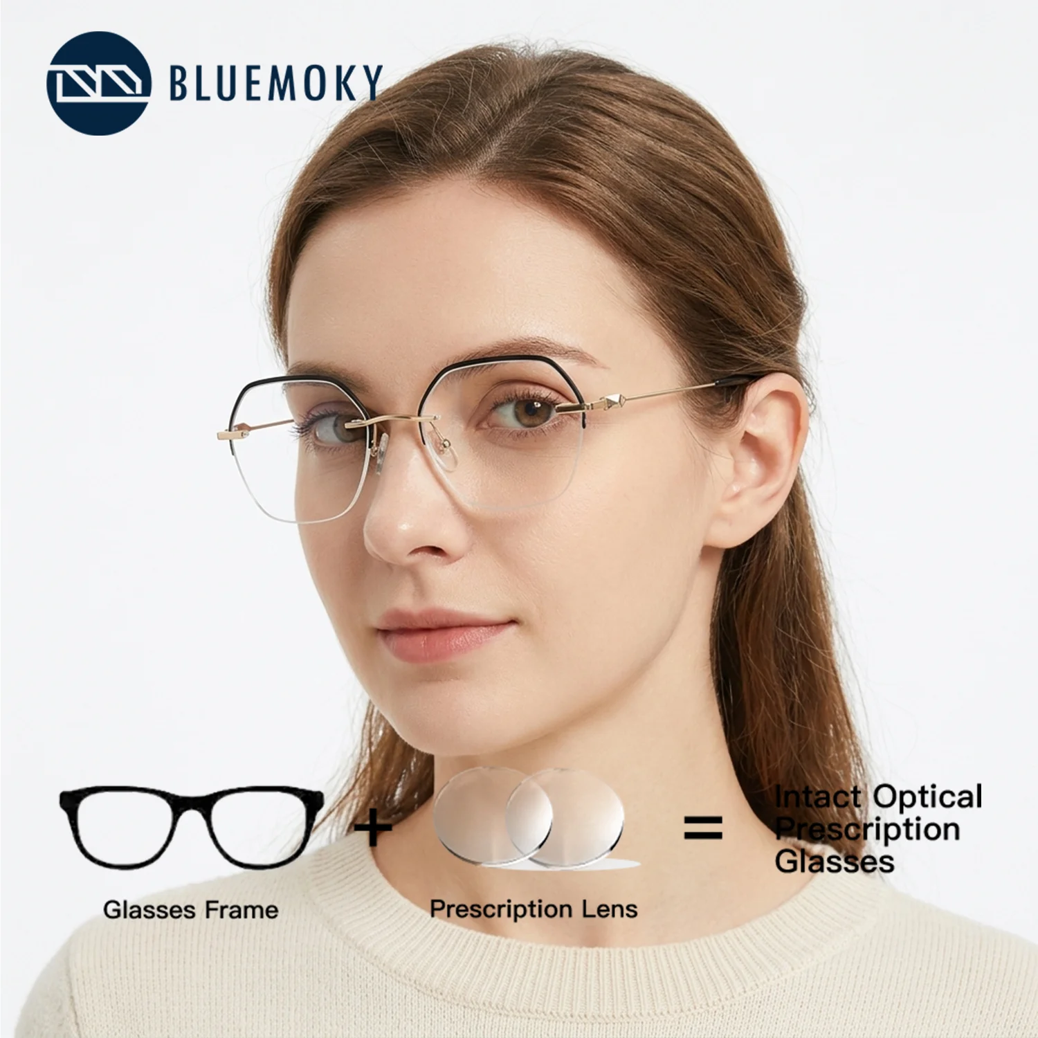 BLUEMOKY L Size Half-Frame Medical Prescription Glasses Women Anti Blue Light High Quality Polygon Metal Corrective Eyewear