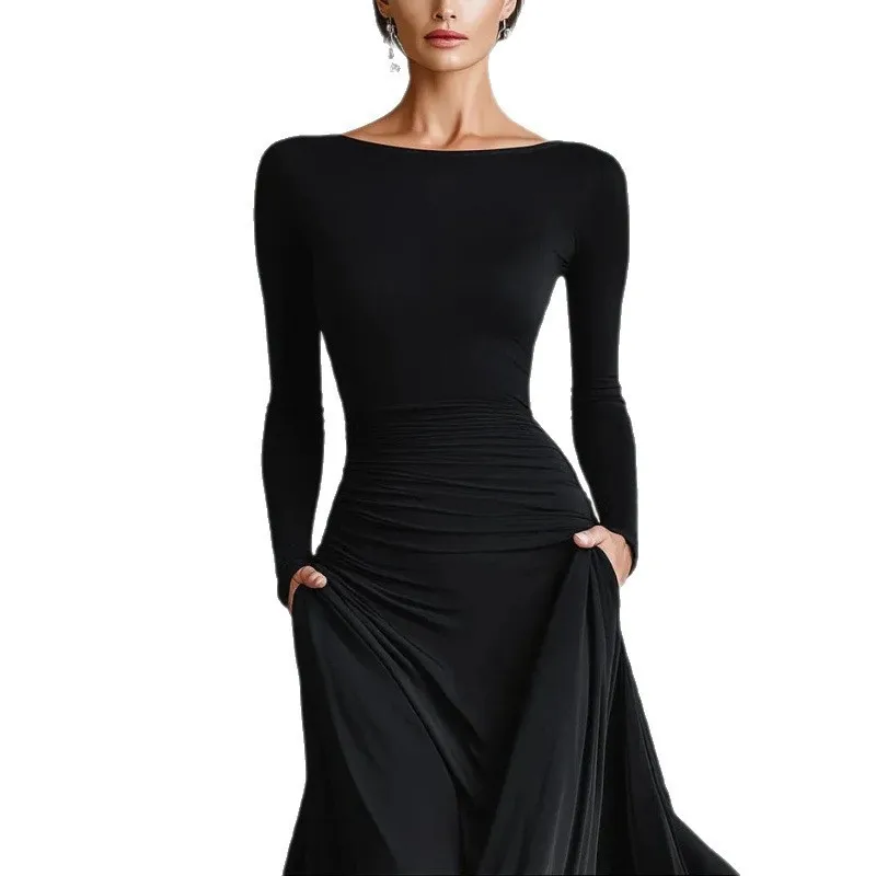 

Autumn-Winter Women's Pure Color Wrap-Around Boat-Neck Waist-Cinching Design Clothing European And American Style