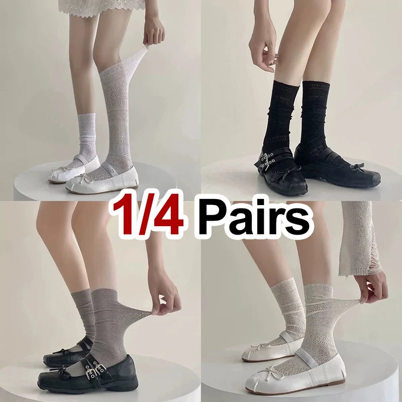 1/4 Paar Damen-Kniestrümpfe mit Spitzenbesatz, Sommer-Höhlen-Design, leicht, atmungsaktiv, weich, bequem, lässig