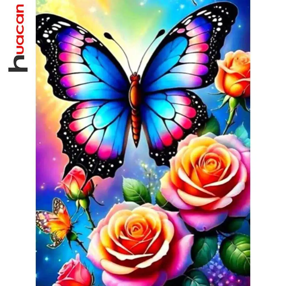 Huacan Diamant-Malerei-Set, Schmetterling, Tier, Rose, Blume, komplett, rund, quadratisch, Diamant-Mosaik, Wohnzimmer, Kunsthandwerk
