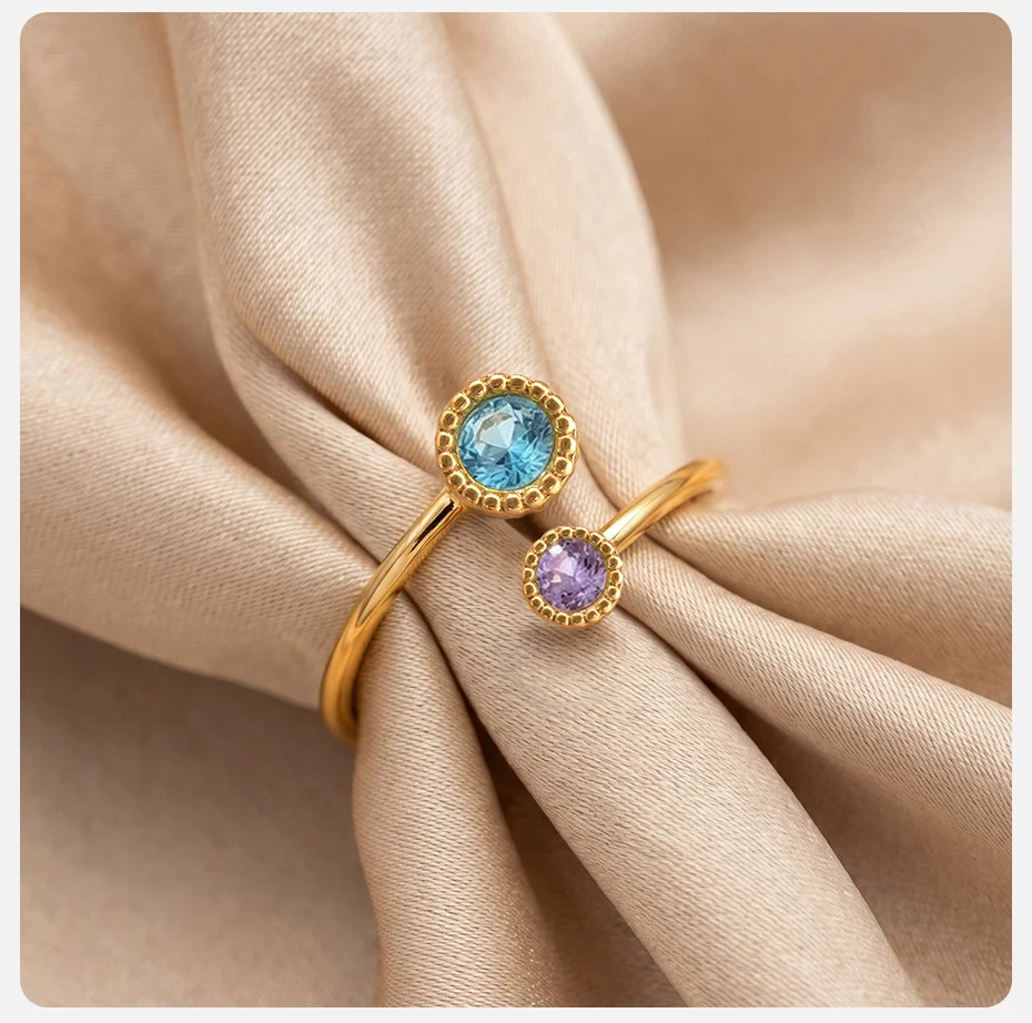Vnox Neues Design Blau-Rosa Zirkon Doppelblumen-Ringe für Frauen und Mädchen 18K Vergoldet Trendiger Hochzeits- und Party-Schmuck – Detail 6