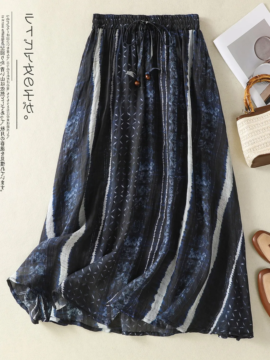 กระโปรงทรงเอเอวสูงลายทางพิมพ์ลายสไตล์เรโทรผ้าลินินผสมฝ้ายสำหรับผู้หญิงใส่หน้าร้อนทรงสลิม