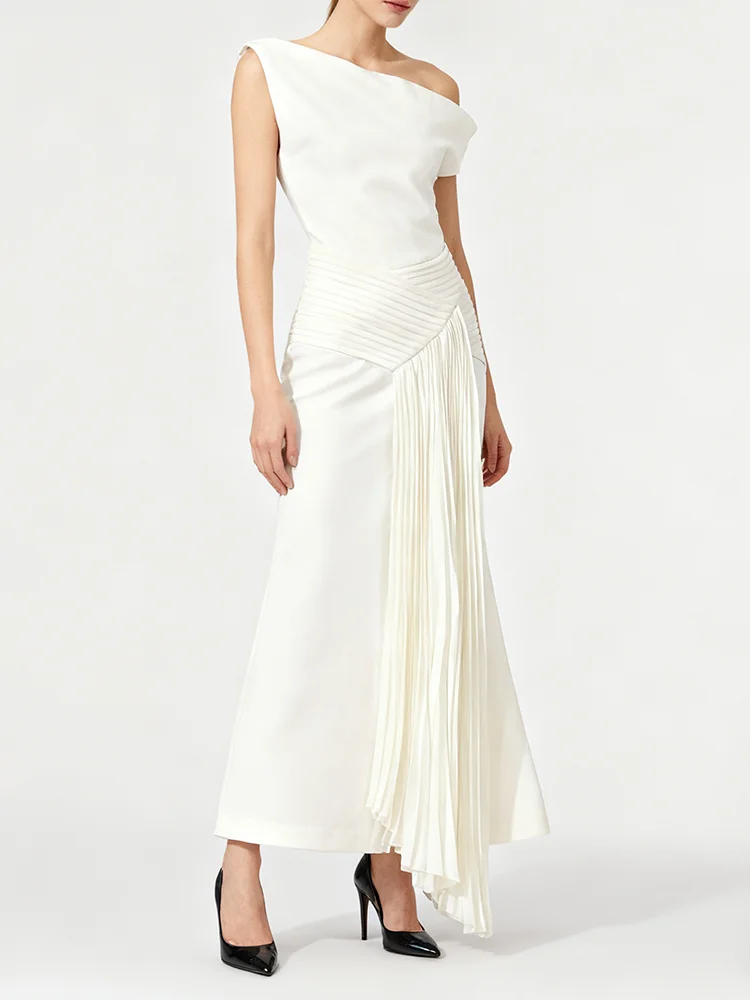 Eleganckie sukienki midi wyszczuplające dla kobiet z asymetrycznym dekoltem, odkrytymi ramionami, patchworkiem i zakładkami, odzież damska, nowość.