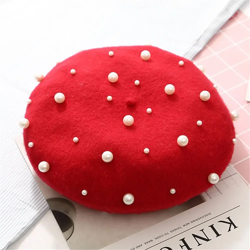 

Elegant Wool Pearls Beads Berets for Women Warm Winter Hats Skullies Beanies Vintage Cashmere Female Flat Hats Solid Caps