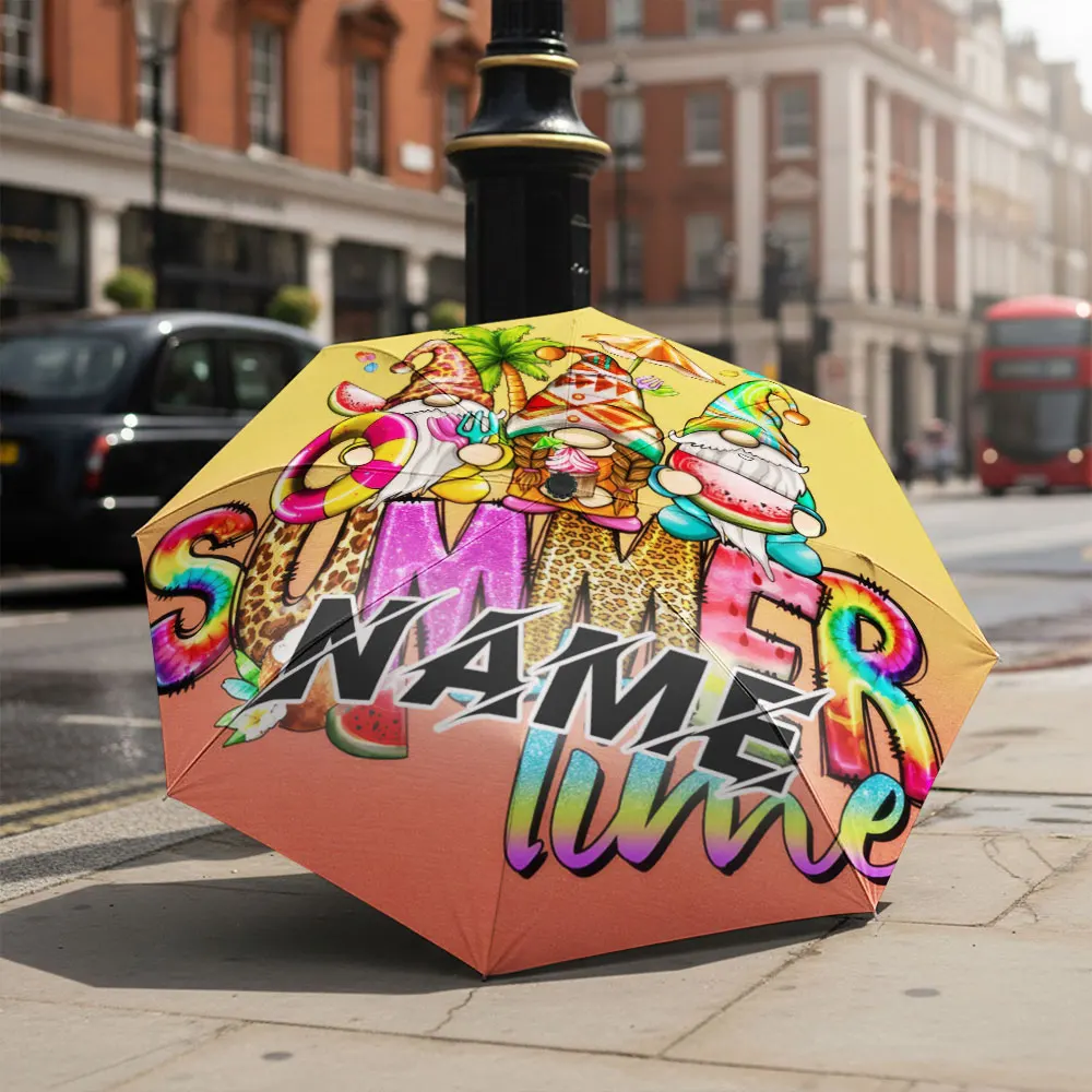 Custom Name umbrella,Gnome Summer Vibes Umbrella with Colorful Graphics Fashion Folding Umbrella for Daily Use, Christmas Gift