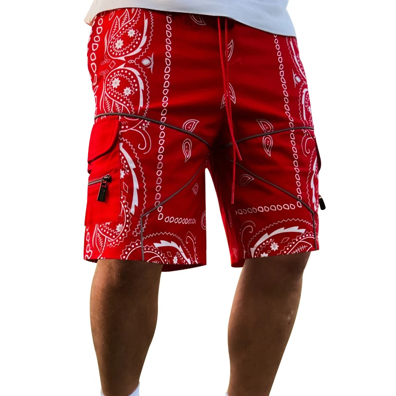 Trendy Cashew Flower Pattern Cargo Shorts, Men\'s Multi Flap Pockets Shorts, Loose Casual Outdoor Shorts Streetwear Hip hop pants