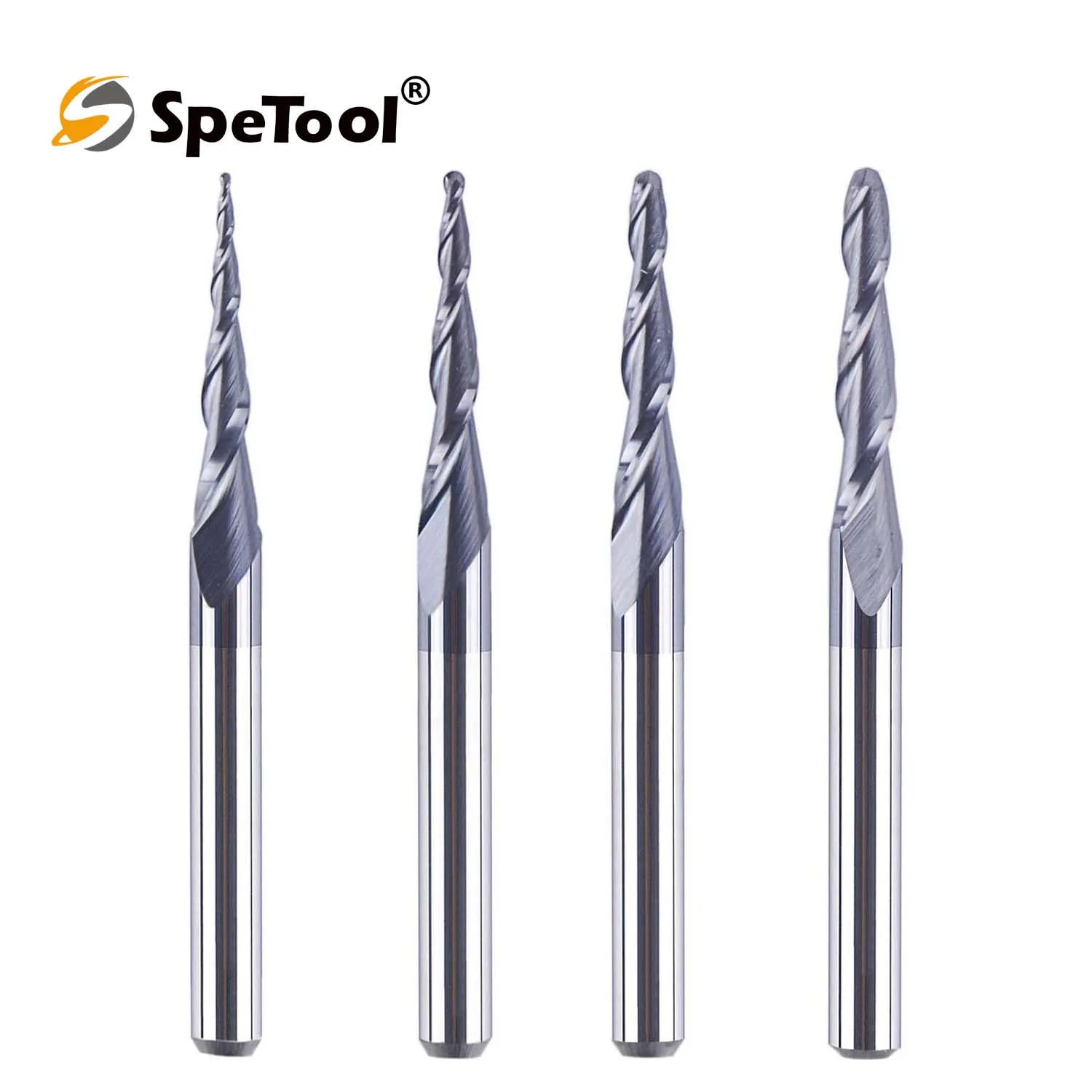 SpeTool Lot de 4 fraises à bille à 2 cannelures avec pointe conique R0.25mm-1.0mm, fraise en carbure avec revêtement TiAlN de 3.175mm pour gravure 2D 3D