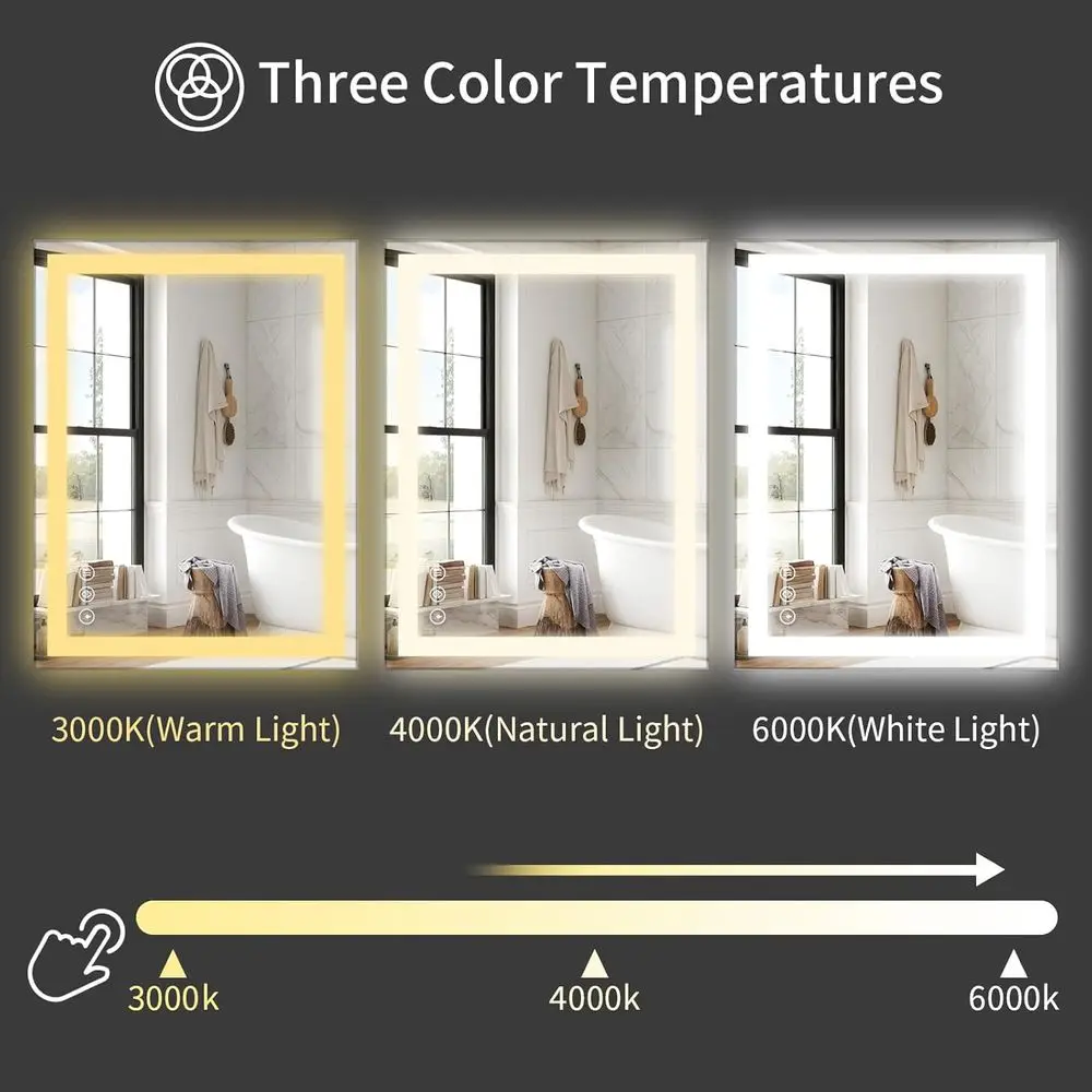 Miroir de salle de bain éclairé à 38 LED avec antibuée, 3 options de couleurs, variable, verre trempé