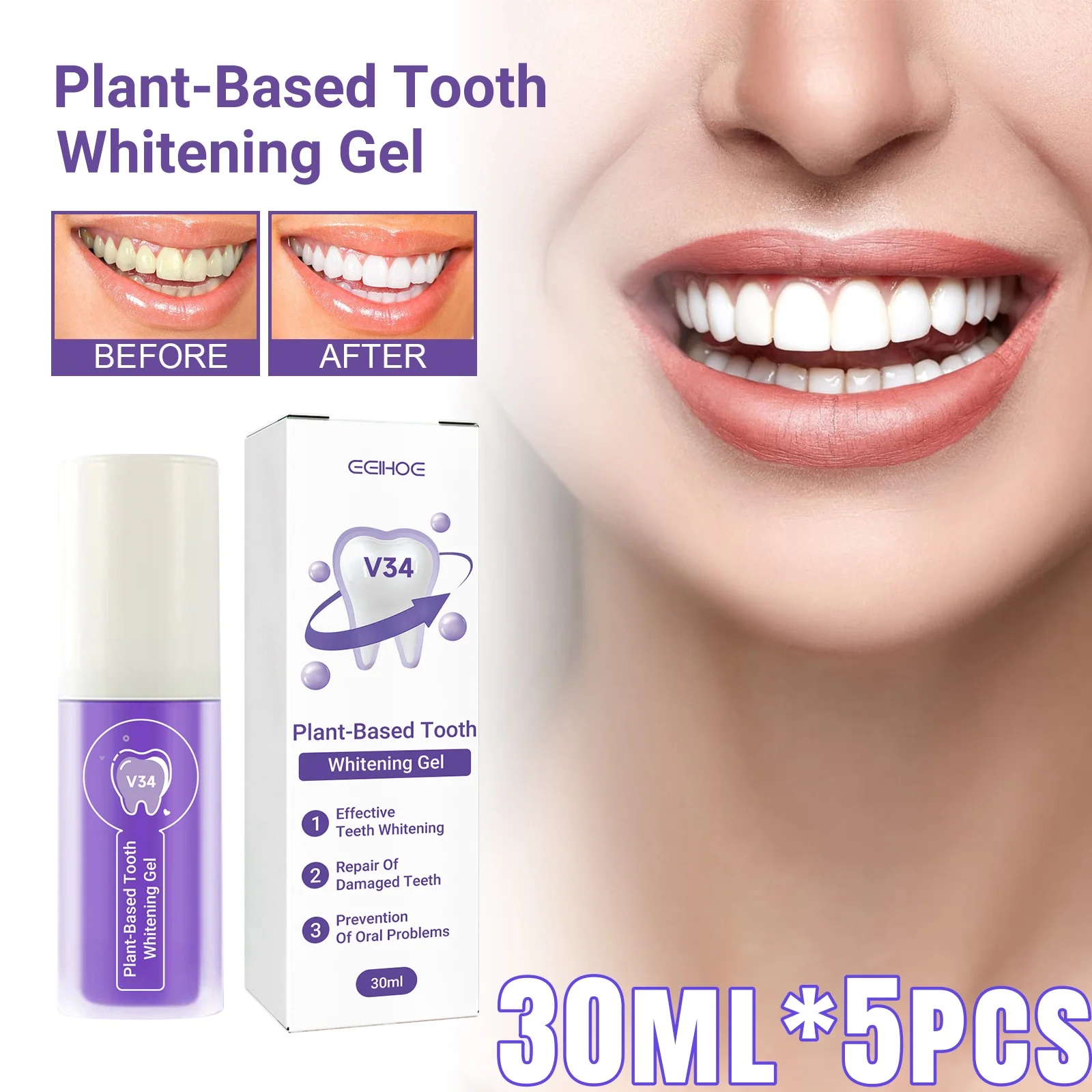 5pcs 30ml Teeth Brightening Gel Tooth Gel Detergent Removes Bad Breath Oral Hygiene Instant Smile, Be Your Confident Self