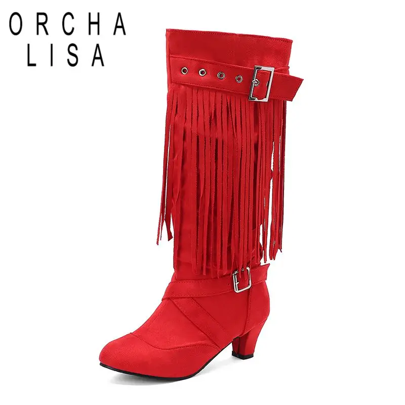 

ORCHA LISA 2025 Flock Suede Female Tassels Boots Round Toe Block Heels 5.5cm Slip On Belt Buckles Big Size 43 44 45 Wedding Bota