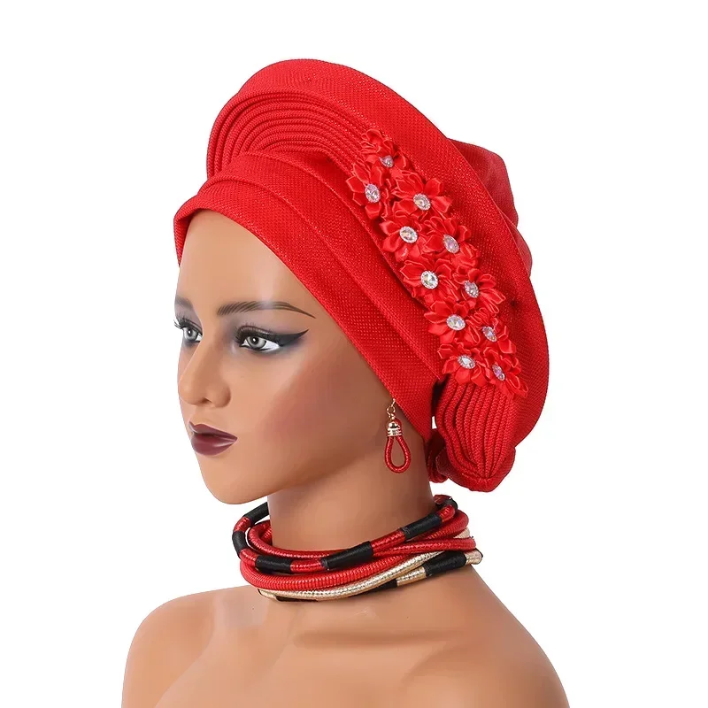 African Already Made Hat Auto Gele Women Hijab Headtie Nigeria Wedding Party Bonnet Female Head Wrap Headpiece Sequin Turban Cap