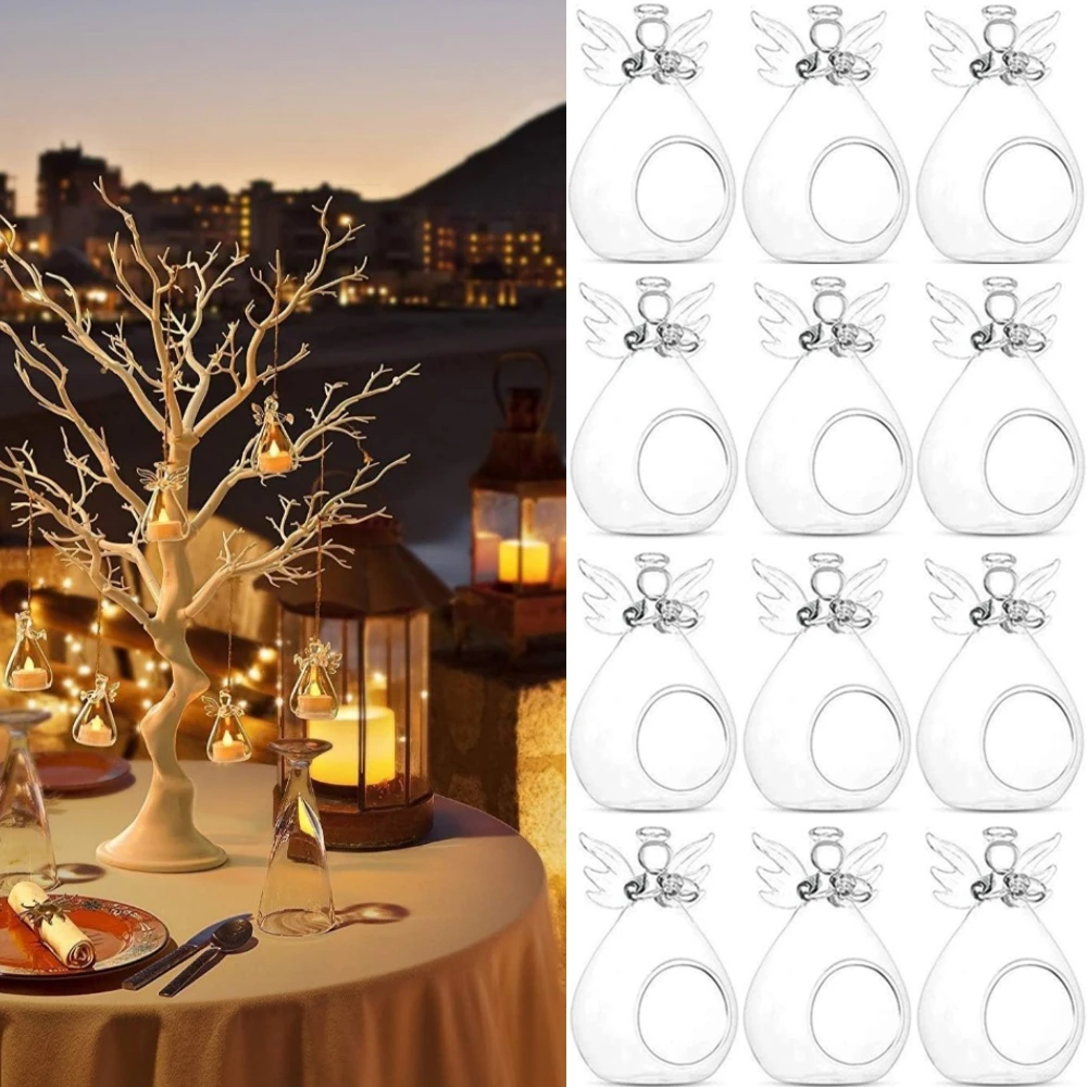 6/12 ชิ้น Angel รูปเชิงเทียนแก้วแขวนผนังเชิงเทียน Tealight สําหรับคริสต์มาสวันขอบคุณพระเจ้าตาราง Air พืช