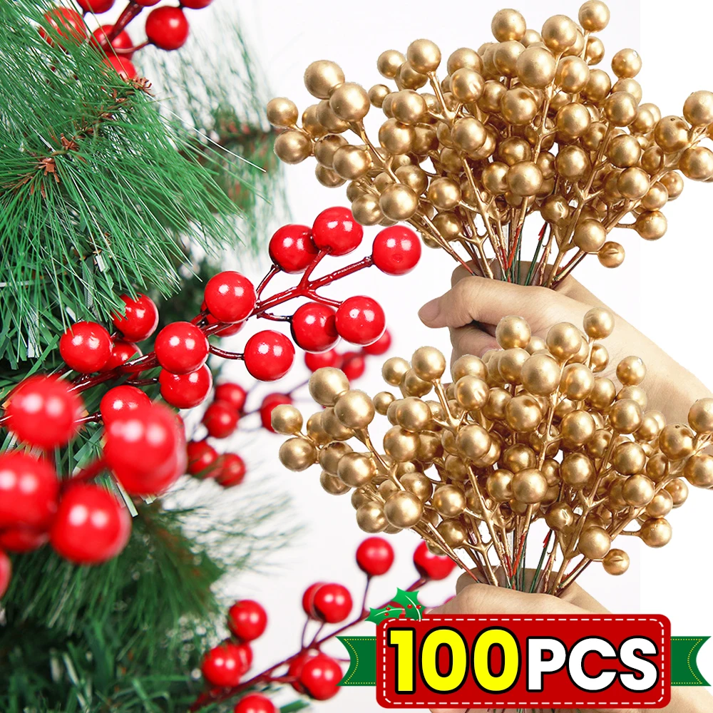 Artificial Berries Stamen Red Gold Silver Christmas Holly Berry Branch 7 Heads Fake Cherry Stems DIY Floral Wreath Party Decor