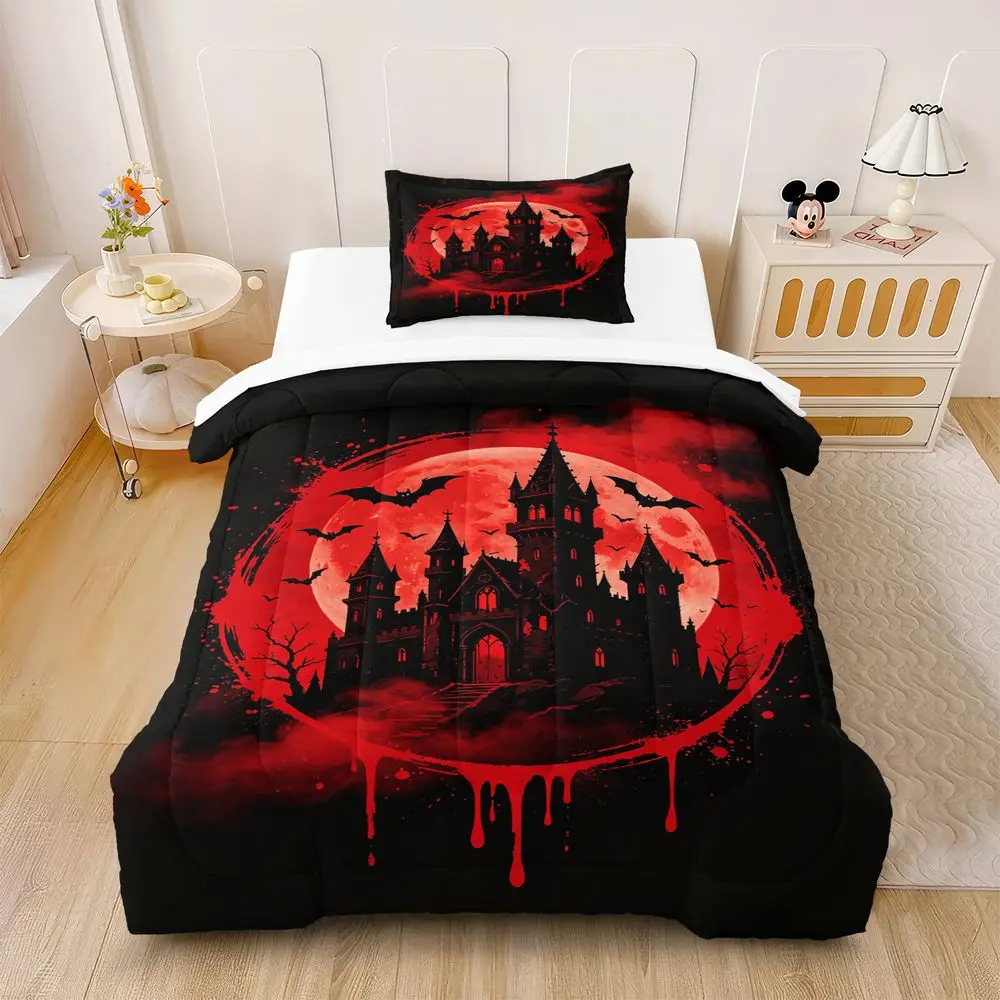 Blood Moon Castle Bat Digital Print Comforter Set Quilt Bedding Set With Pillowcase Halloween Gothic Bedroom Decor