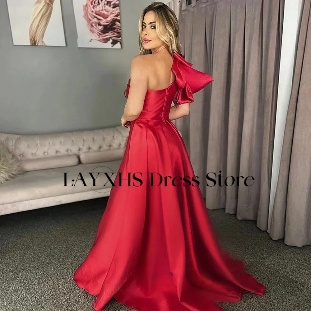 LAYXHS Vestidos de noite elegantes com laço vermelho, um ombro, linha A, fenda lateral, vestidos de baile personalizados