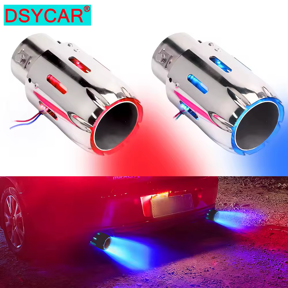 Silenciador de tubo de escape de acero inoxidable para coche, tubo luminoso de modificación con luz LED de llama azul, 1 piezas, 63mm