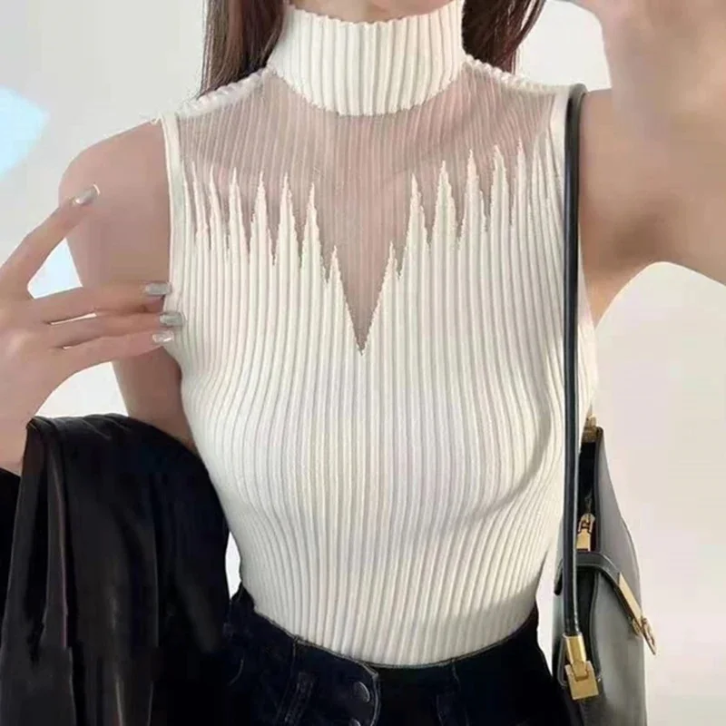 Mesh Knit Top Women Sexy Tank Top Mock Neck Sleeveless Sweater Vest Chic Cut Out Blouse Streetwear Spring Summer 2026