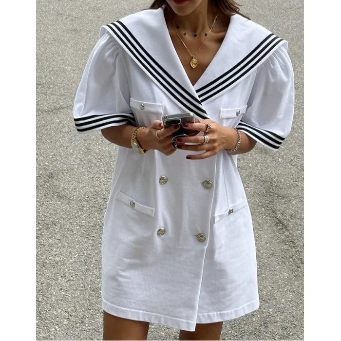 

Элегантное женское платье в корейском стиле с полосками, прямого кроя, с двойной застежкой на пуговицах, коротким рукавом и воротником-стойкой, новинка весенней коллекции.