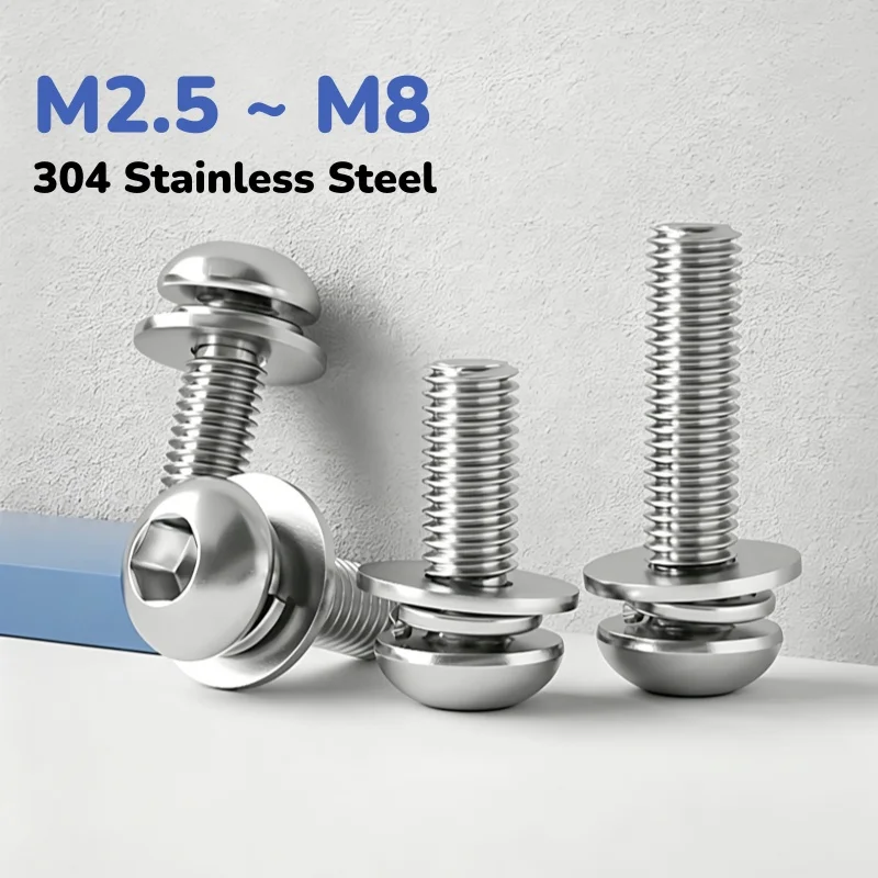 304 Stainless Steel M2.5 M3 M4 M5 M6 M8 Button Head Hex Socket With Flat Spring Washer Combination Screws Length 5~50mm