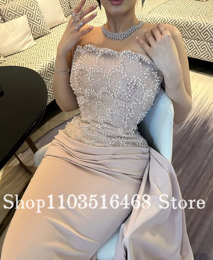 Vestido de noche sencillo sin tirantes con cuentas, elegante vestido de baile con chal desmontable para fiesta de boda, cortina de cola de pez personalizada