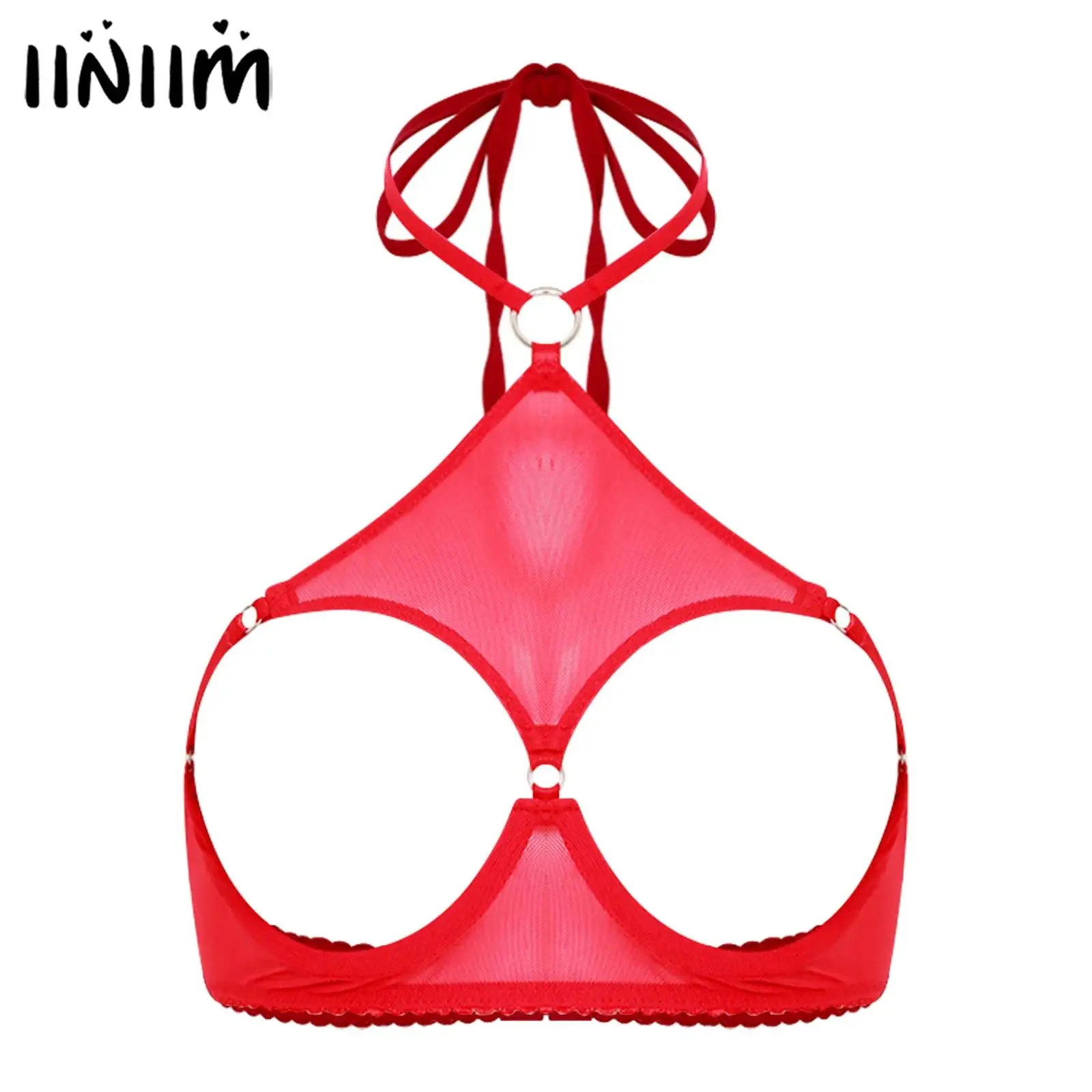 

Womens Lingerie See Through Mesh Bra O-ring Lace-up Halter Cut Out Open Nipple Cup Underwire Bralette Bra Push Up Balconette