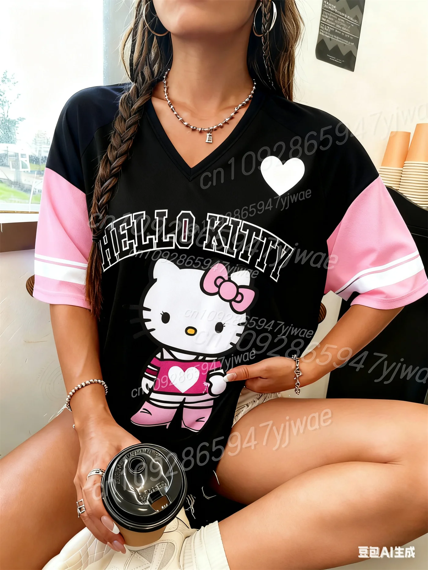 المرأة مرحبا كيتي مطبوعة الجرافيك تي شيرت المألوف قمصان كرة القدم قصيرة الأكمام الخامس الرقبة فضفاضة الشارع الشهير الخريف تي شيرت #4