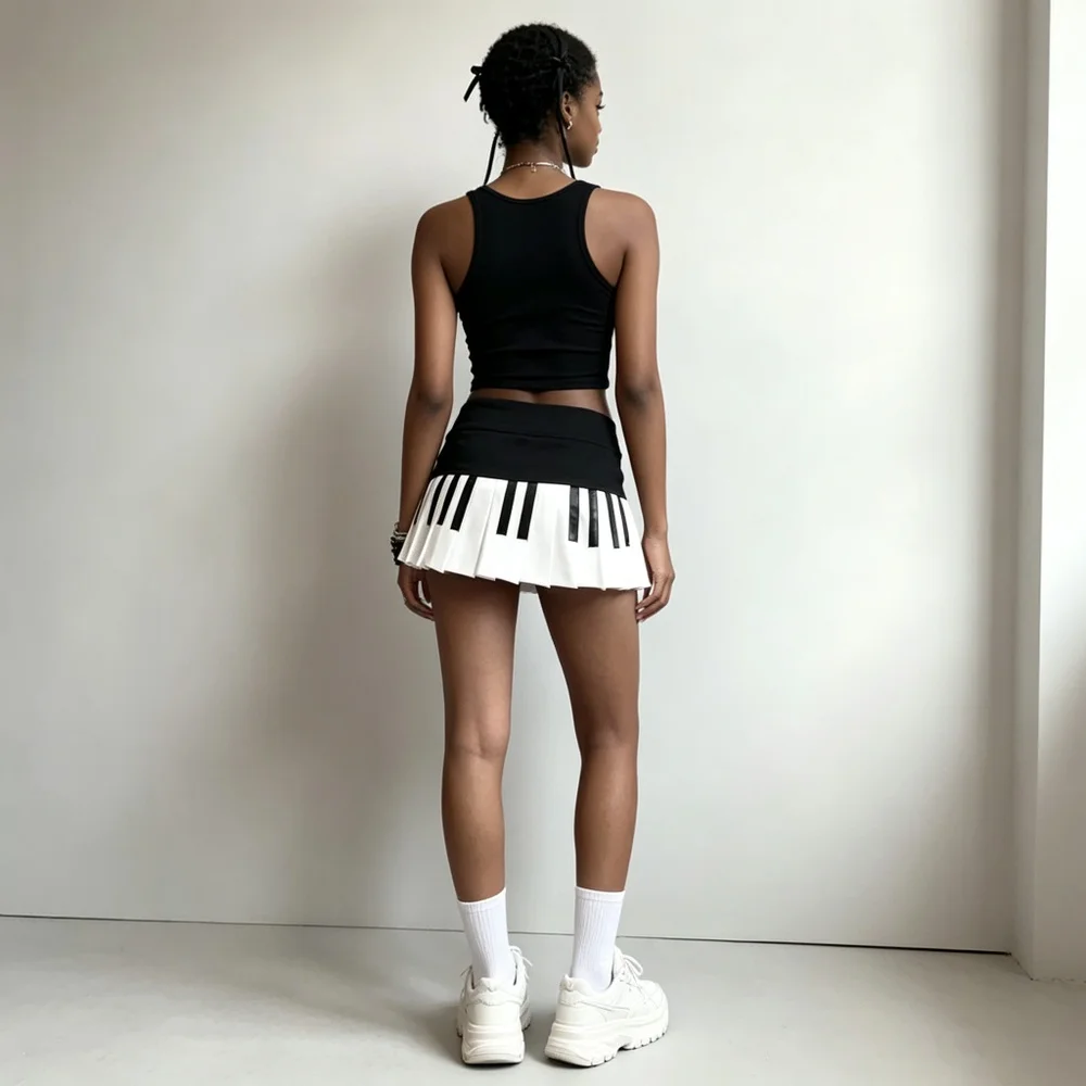 Y2k Mini Skirt Women Cyber Millennium Noughties Futuristic Digital Glitch 주름 Two Tone High Waisted A Line Pleated Piano Key Muse
