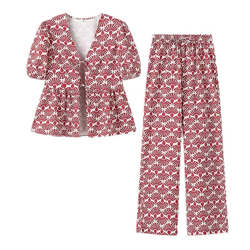 

Red White Fan Print Two Piece Set Puff Sleeve Tie Front Top And High Waist Wide Leg Pants Casual Outfit Pure Desire Elegant PC3A