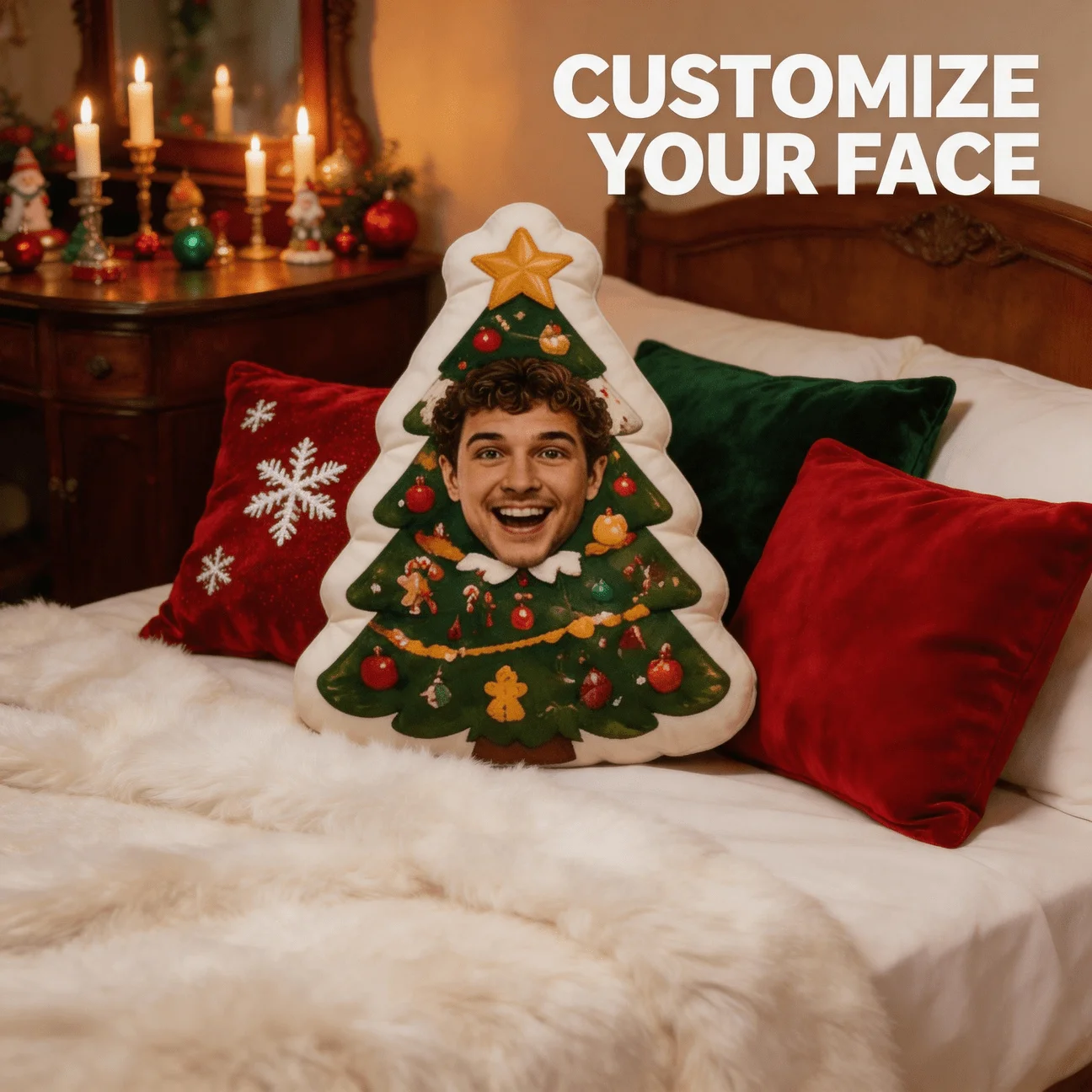 Custom Photo Christmas Tree Shaped Pillow, Personalized Face Decorative Cushion with Festive Ornaments, 70CM Home Decor Accent f