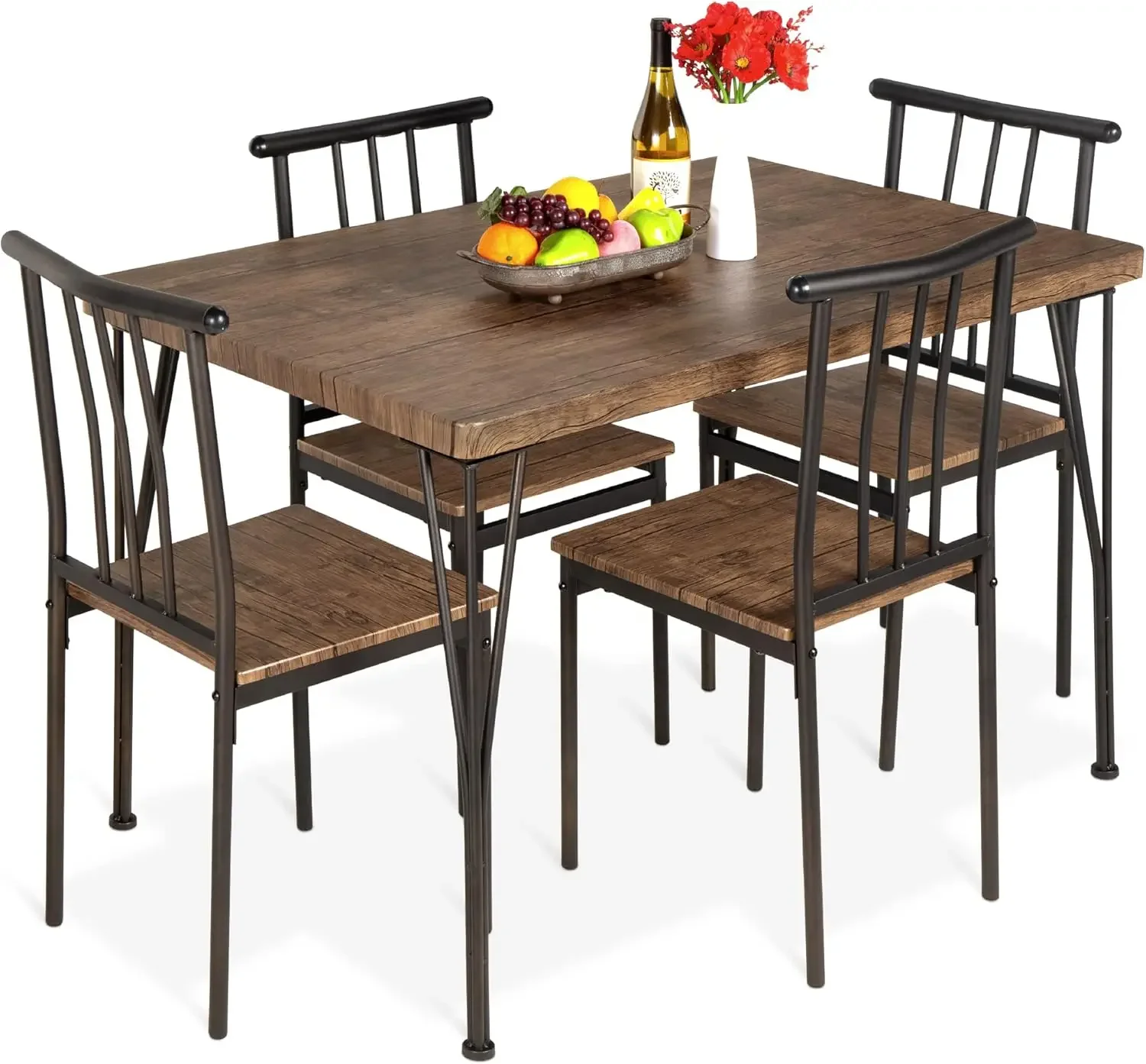 5-Piece Metal and Wood Indoor Modern Rectangular Dining Table Furniture Set for Kitchen, Dining Room, Dinette, Breakfast Nook