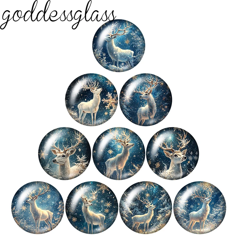 Winter Snow Night Deer Elk Christmas 10pcs 12mm/18mm/20mm/25mm Round Photo Glass Cabochon Flat Back Making Findings Jewelry