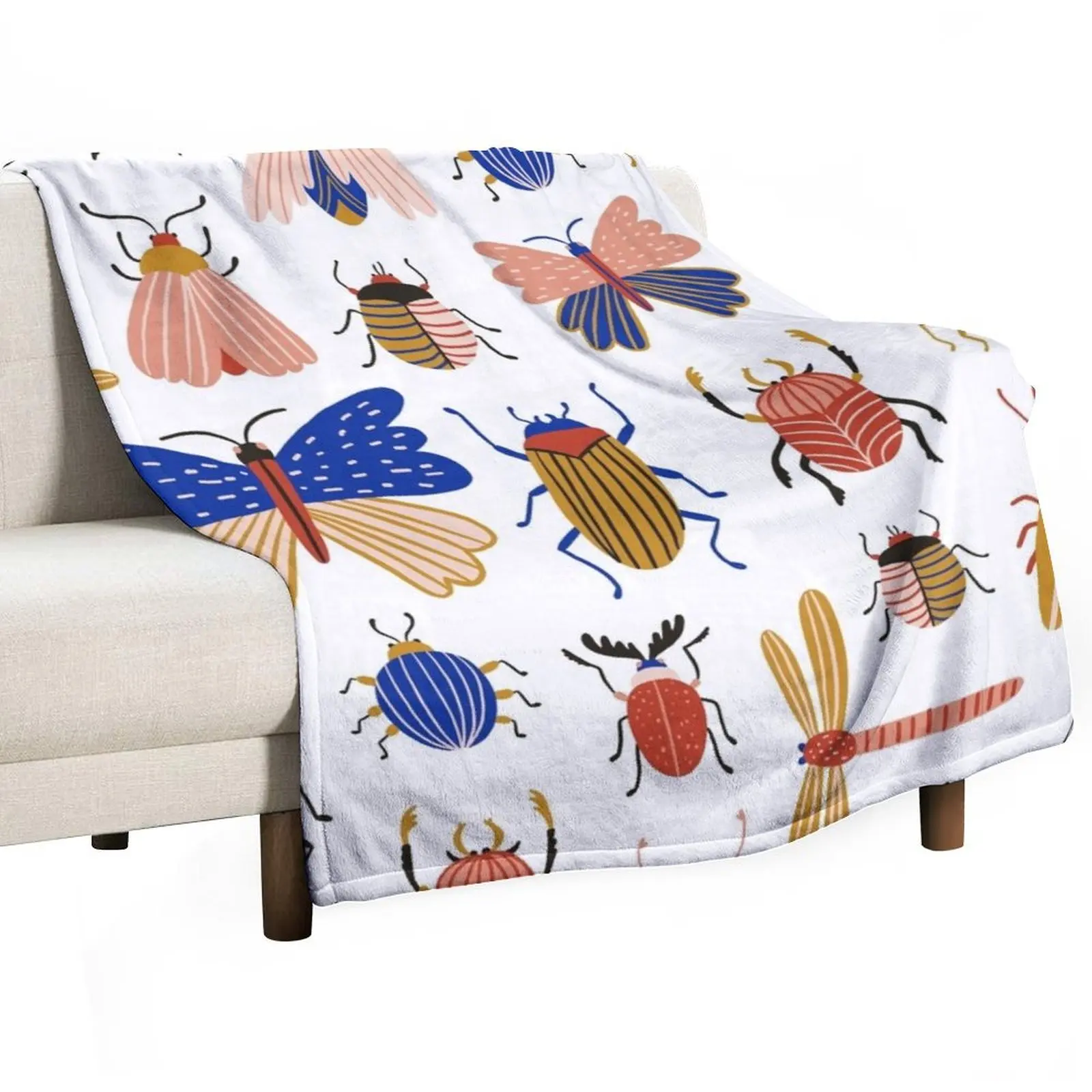 Insetti e farfalle divertenti in stile disegnato a mano. Coperta da tiro divano decorativo estivo per coperte per bambini
