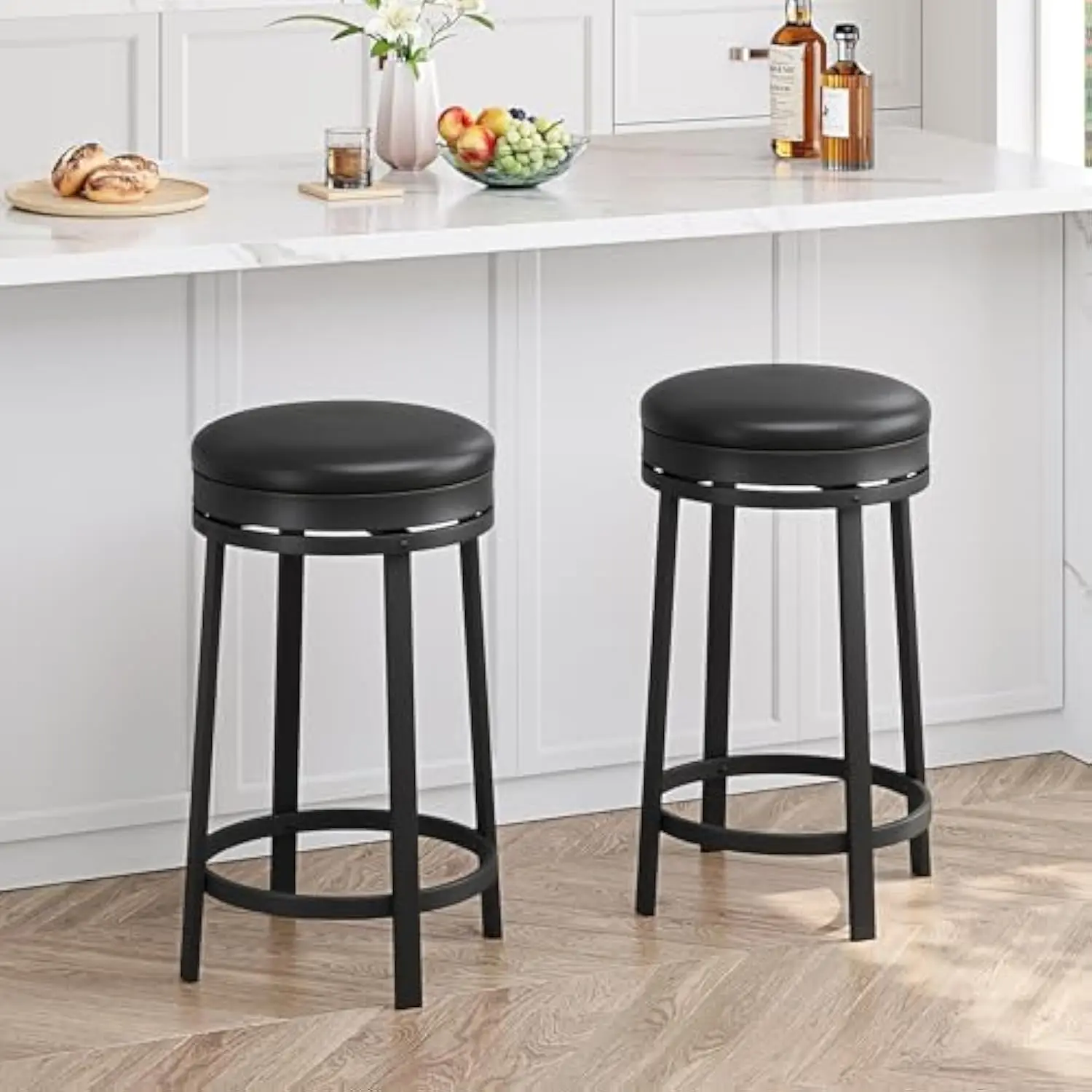 

Swivel Bar Stool Set of 2, 24.4 Counter Height Bar Stool with Upholstered Pu Leather Cushion, Round Backless Kitchen Barstool W