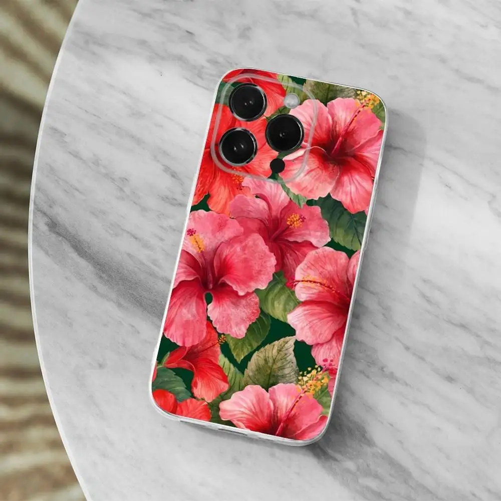 حافظة هاتف على شكل زهرة هاواي من الكركديه لهواتف iPhone 16,15,14,13,12,11 Pro,Max,Plus,X,XS,XR,SE,غطاء ناعم شفاف صغير