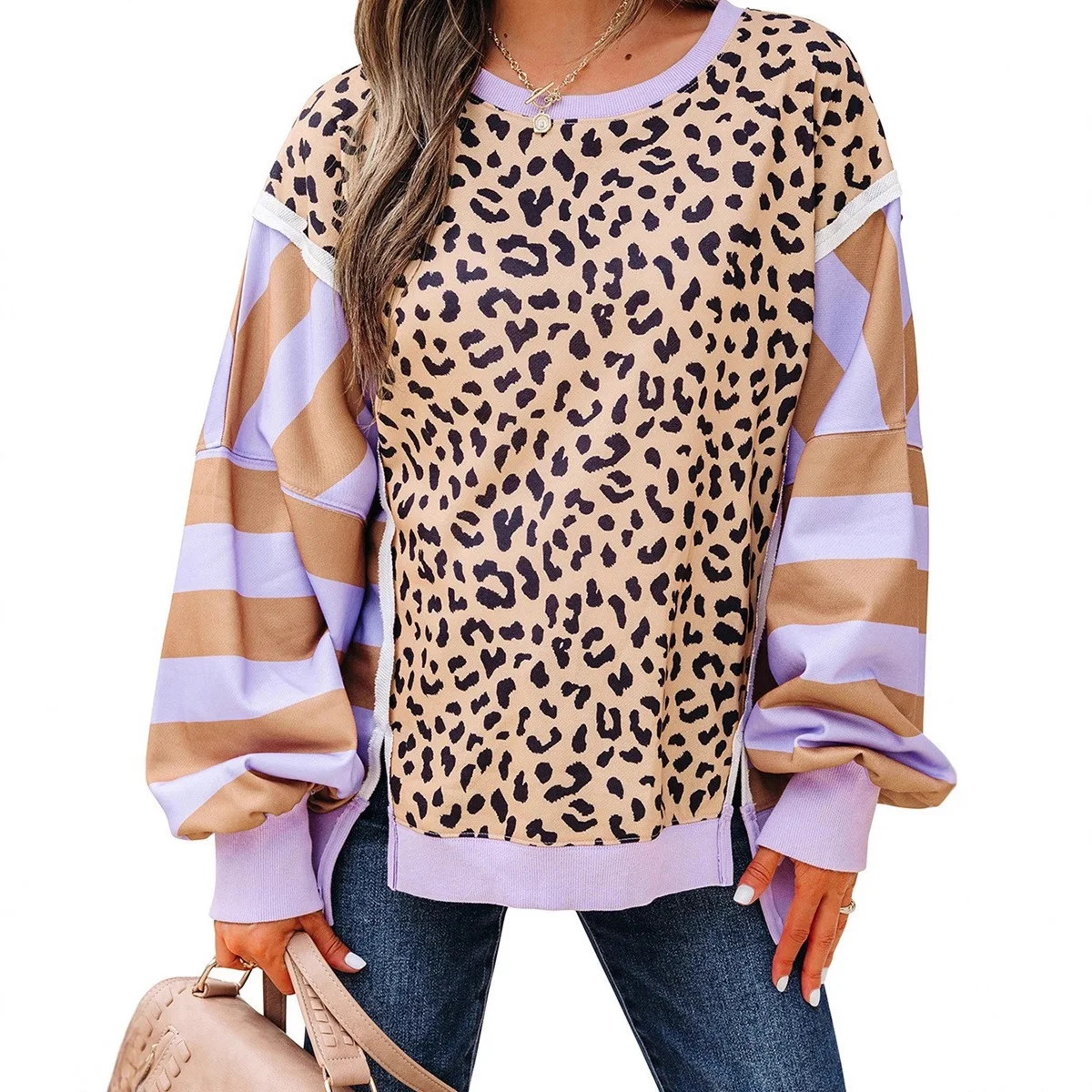 بلوفر جديد لخريف 2025 برقبة دائرية وأكمام طويلة سترة نسائية عصرية بطبعة الفهد