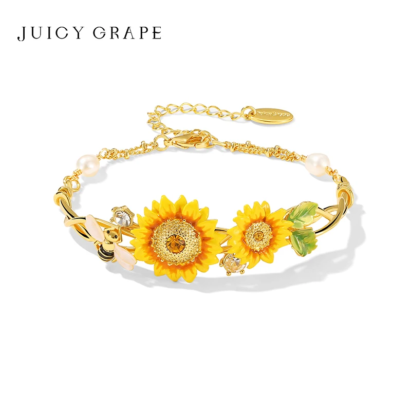 JUICYGRAP Enamel Sunflower Bracelet for Women Luxury Original Sweet Style 18k Gold Plated Party Jewelry Christmas Birthday Gifts