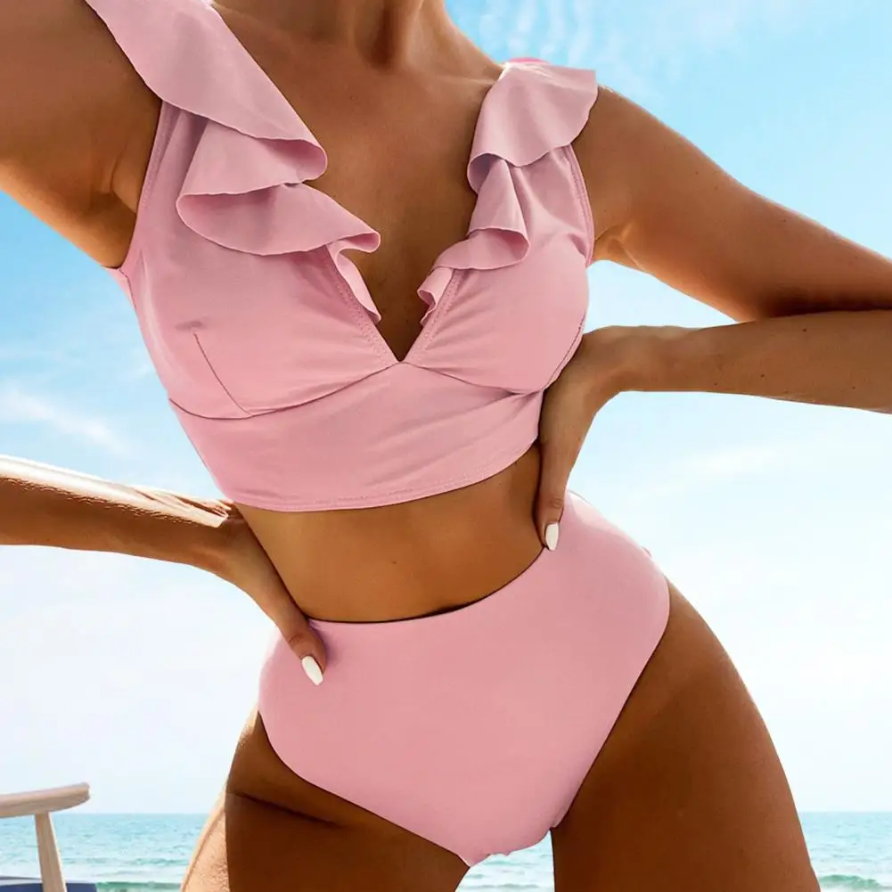 Women Summer Bikini Set Stylish Women's Summer Bikini Set with Ruffle Stitching Tops High Waist Swimming Trunks Solid Color