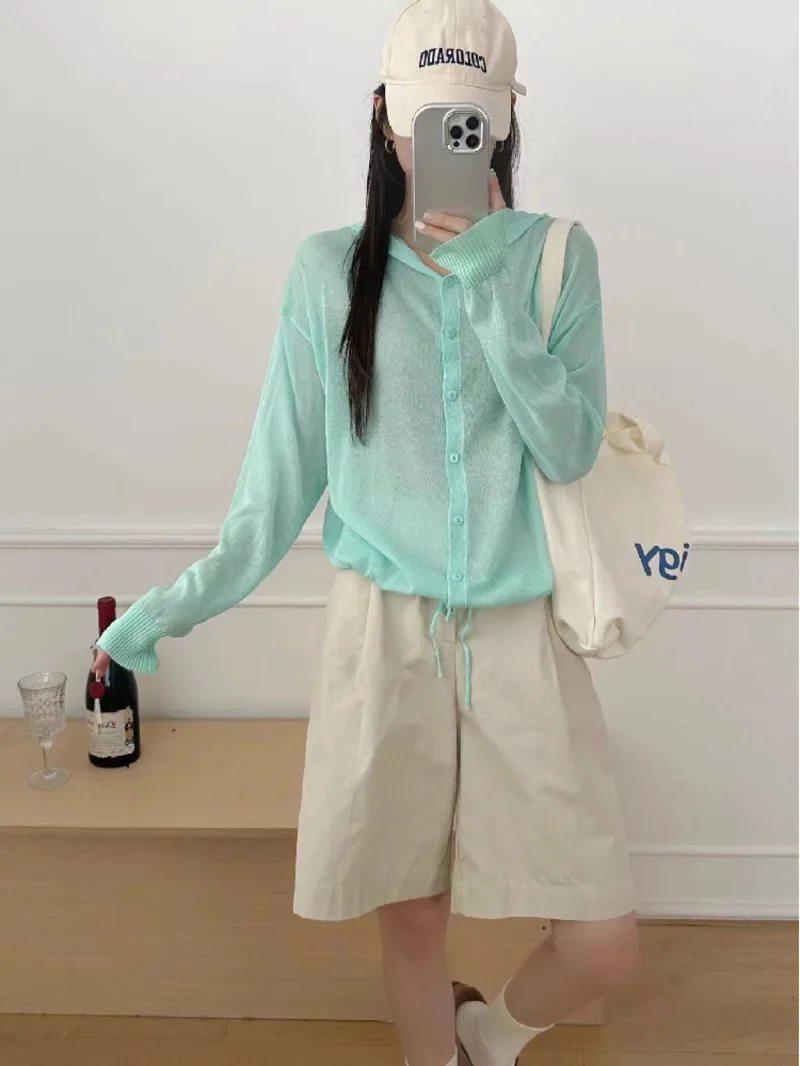 Korean hooded long sleeved sun proof knitted cardigan for women in summer lightweight and breathable with a contracted  I9WE