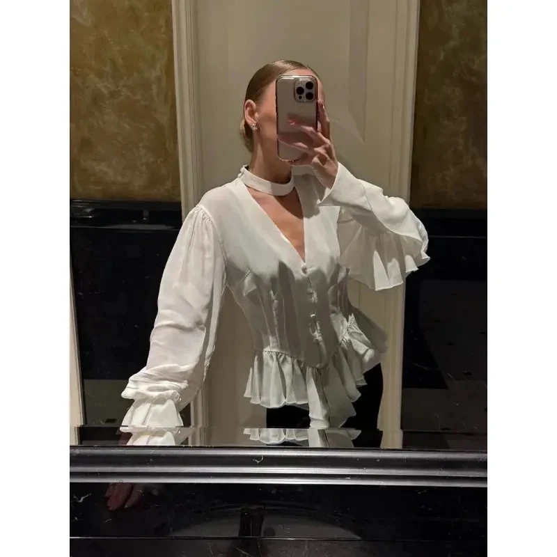 Elegant White Ruffle Shirt Women Chic V-neck Single Breasted Long-sleeved Waist Cinching Blouse 2026 Lady Commute Office Shirts