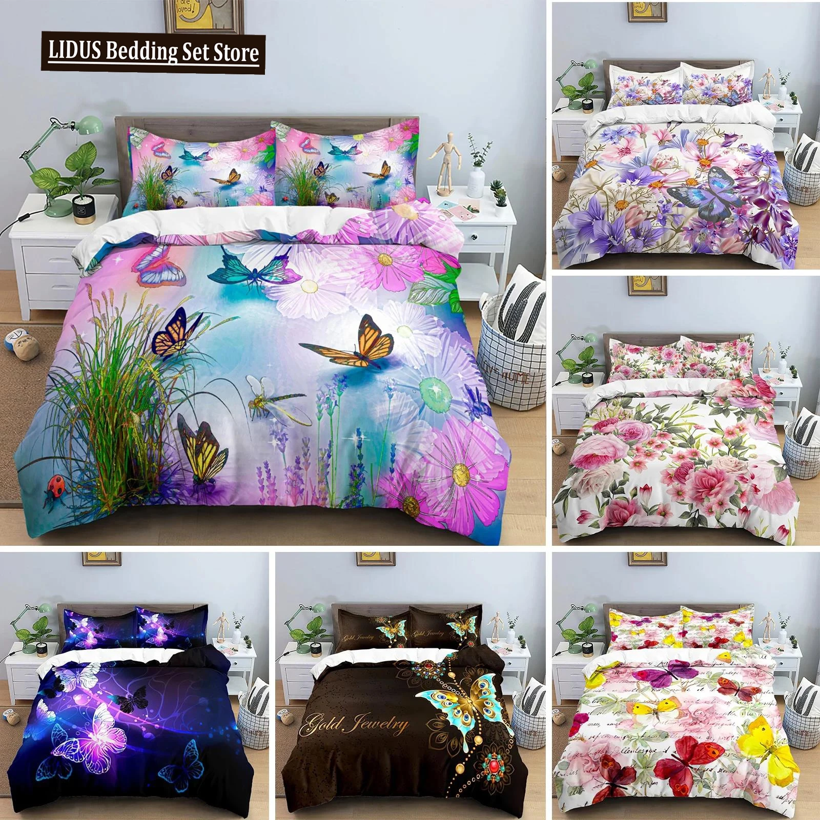 

Butterfly Bedding Set 3D Flower Duvet Cover Quilt Cover Double Twin Full Queen King Adult Girl Kids Bedclothes Quilt Cover