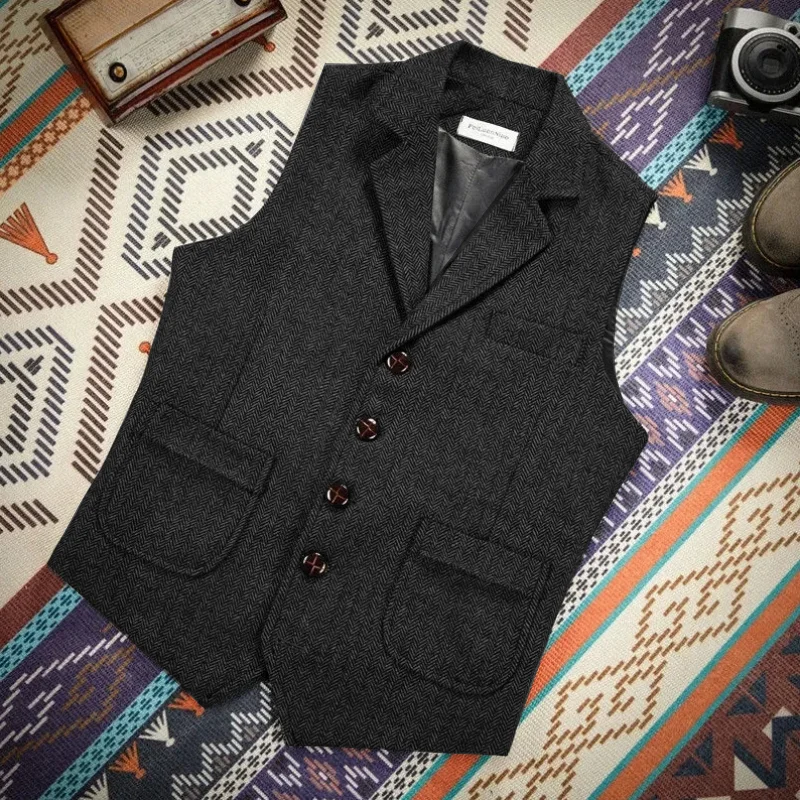 Colete masculino azul real steampunk formal masculino étnico espinha de peixe lã tweed vintage para casamento negócios banquete colete