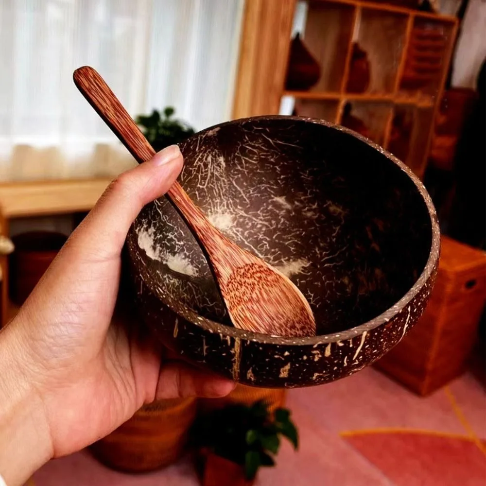 New Natural Coconut Bowls Reusable Wooden Salad Bowl with Spoon Eating Tableware Serving Dishes Breakfast