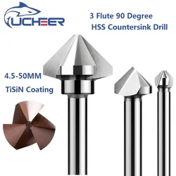 UCHEER 3 Fluit 90 graden Verzinkboor Dille HSS Afkanten Frees Hout Staal Gat Boren 4.5 tot 50mm Afschuining cutter Tool