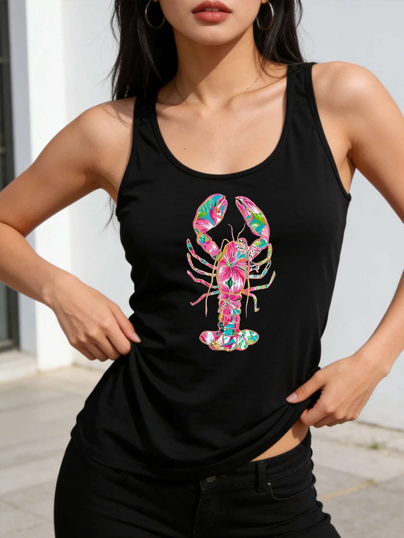 Lobster-Patterned Ladies Casual and Fashionable Tank Top, Round-Neck Sleeveless Letter-Shaped Tank Top