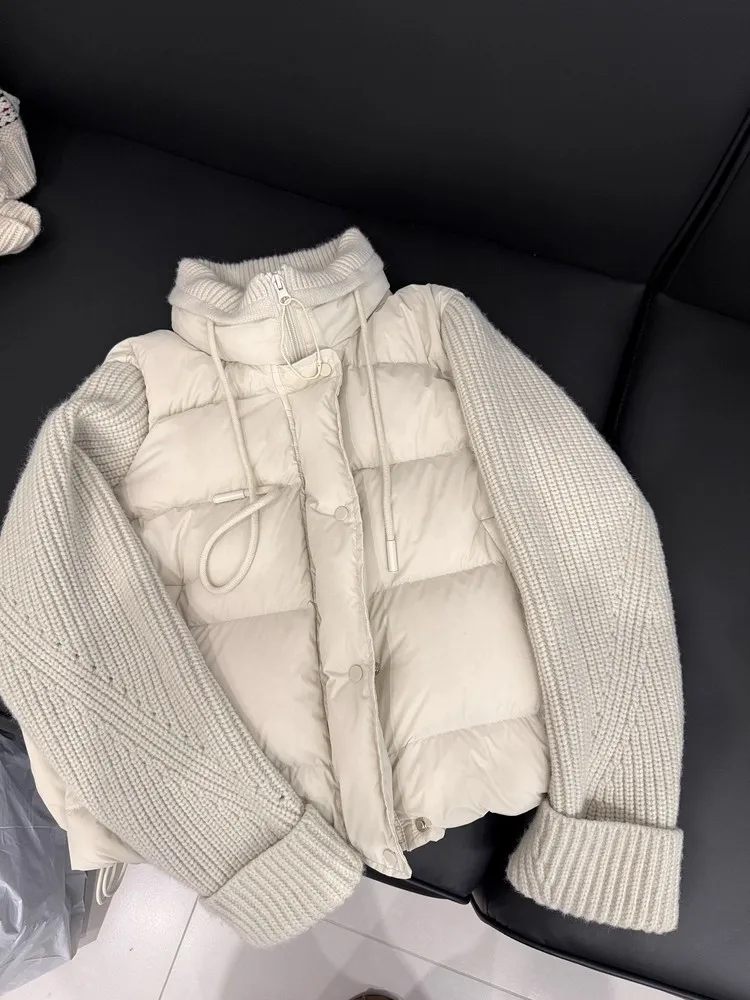 

Apricot Knit Patchwork Fake Two-piece Stand Up Collar Cotton Jacket Korean Fashion Versatile Coat Women's Cotton-padded Jacket